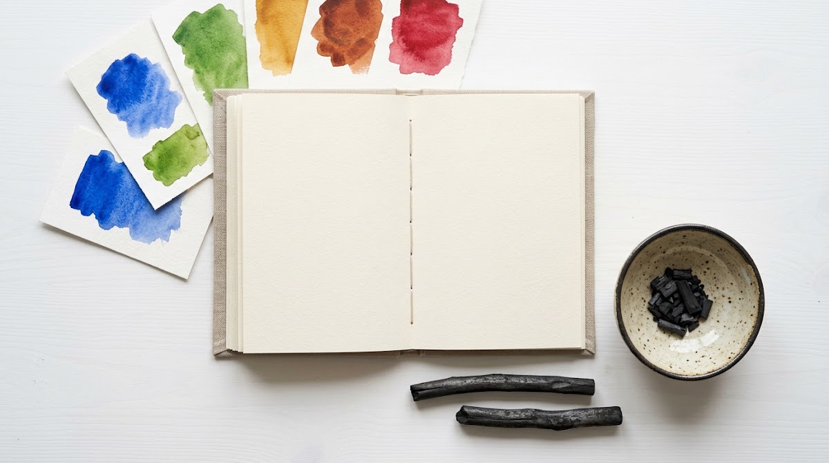 Open blank notebook surrounded by watercolor samples and charcoal