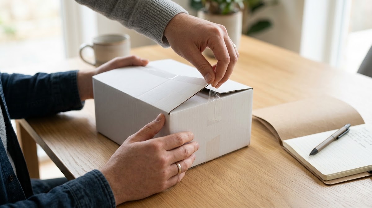 Opening a package to review a product
