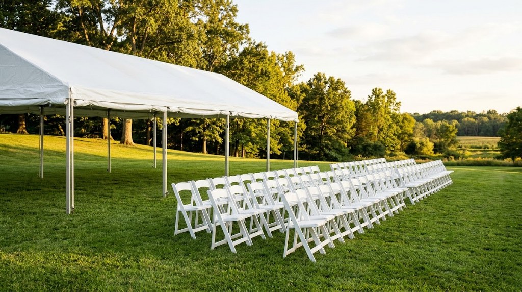 Outdoor event tent with rows of white folding chairs
