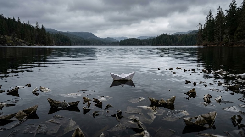 Paper boats floating on a lake under a cloudy sky