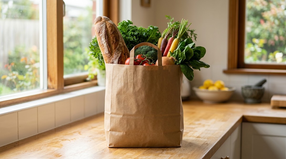 Paper grocery bag filled with fresh food