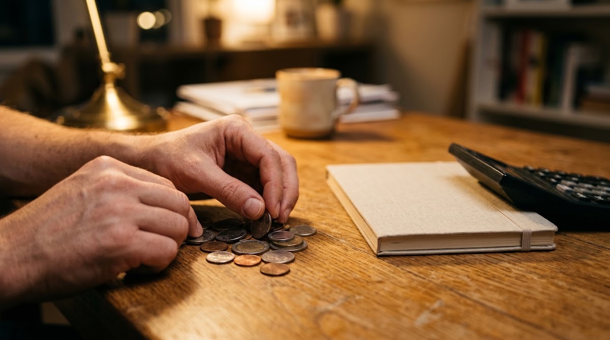 Person counting coins at a desk