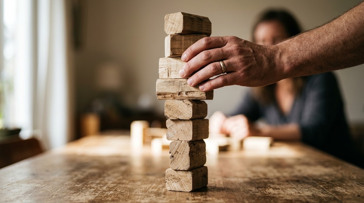 Person stacking wooden blocks on a table