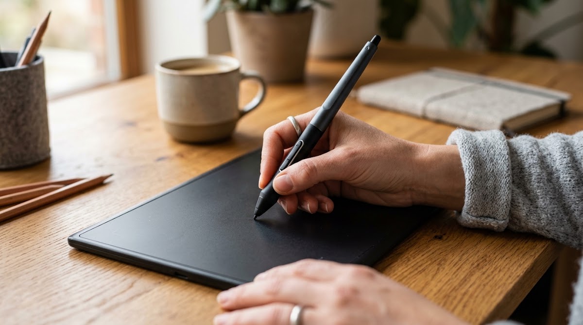 Person using a digital drawing tablet
