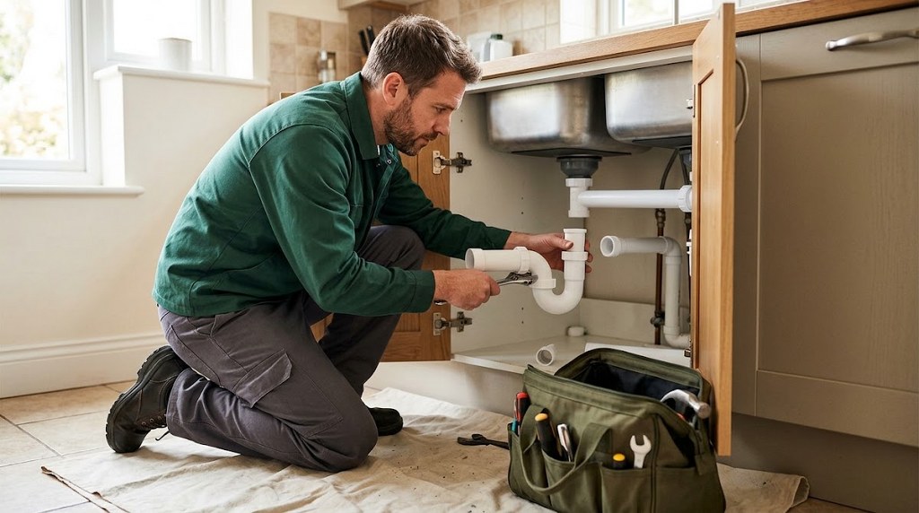 Plumber repairing pipes beneath a kitchen sink