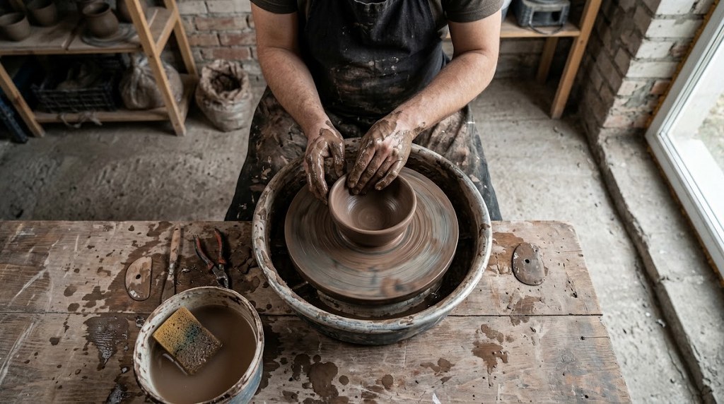 Potter making a ceramic bowl on a pottery wheel