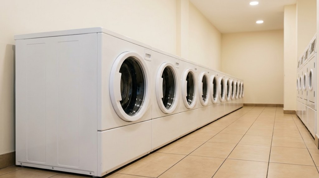Row of washing machines in a laundromat