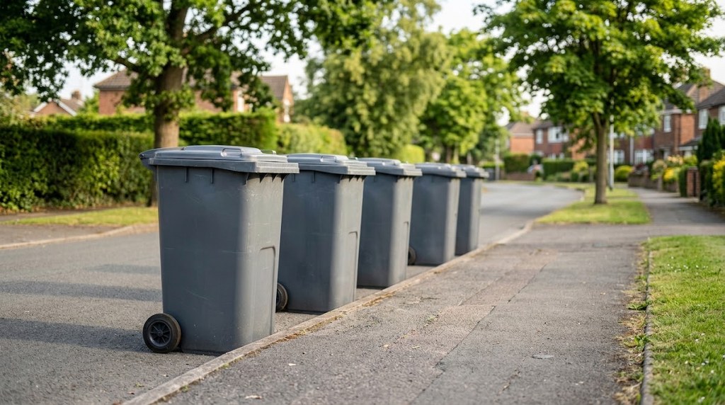 Row of waste collection bins along a residential street