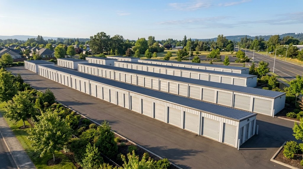 Rows of self-storage units at a storage facility