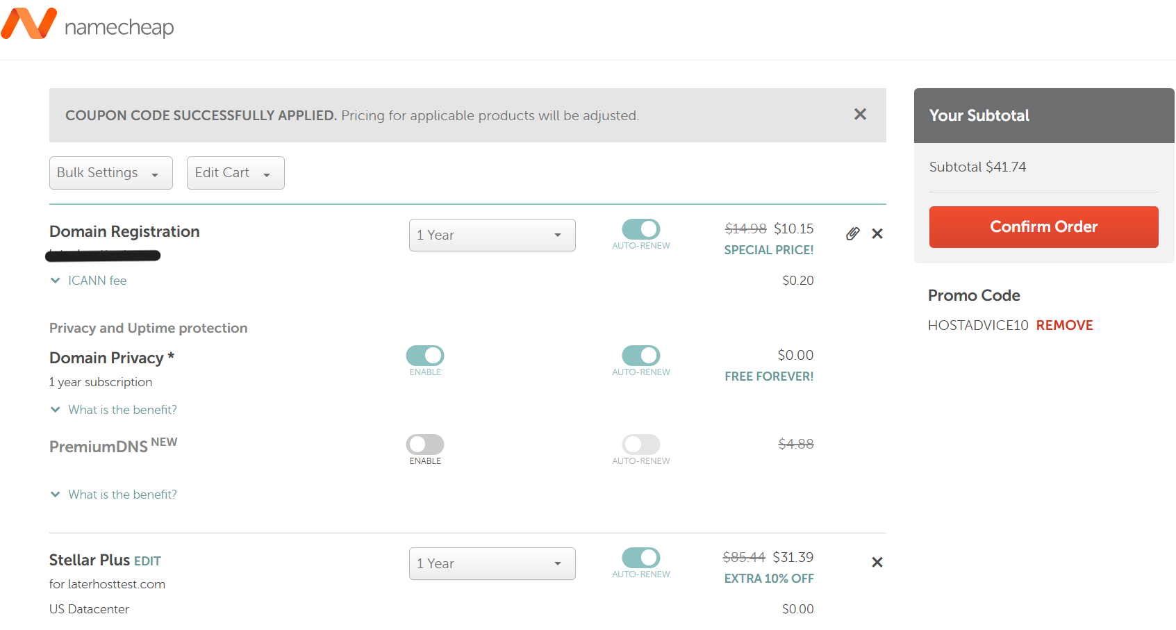 Screenshot of the HOSTADVICE10 coupon code successfully applied at checkout