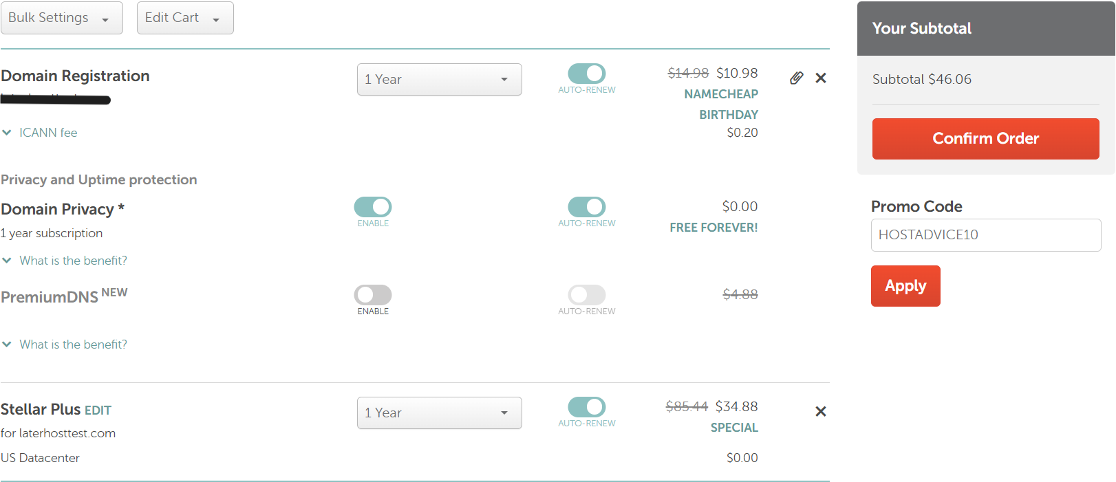 Screenshot of entering the HOSTADVICE10 coupon code at checkout