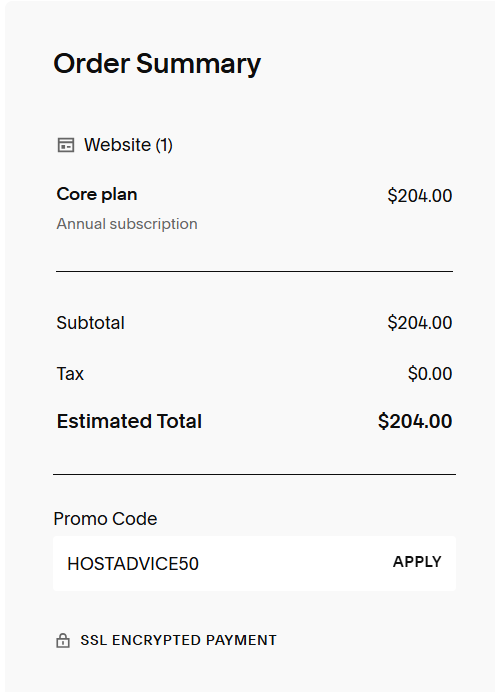 screenshot of entering HOSTADVICE50 Squarespace coupon code from HostAdvice