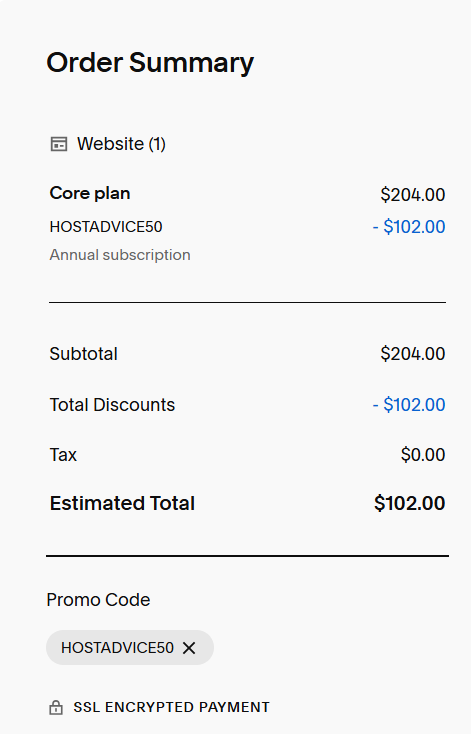 Screenshot of applied HOSTADVICE50 Squarespace coupon code from HostAdvice