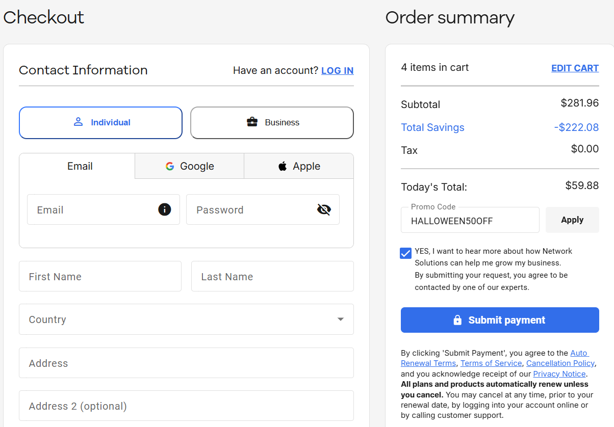 screenshot of entering HALLOWEEN50OFF Network Solutions coupon code from HostAdvice