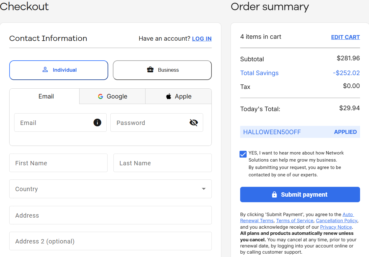 screenshot of entering HALLOWEEN50OFF Network Solutions coupon code from HostAdvice