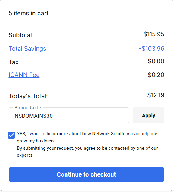 screenshot of entering NSDOMAINS30 Network Solutions coupon code from HostAdvice