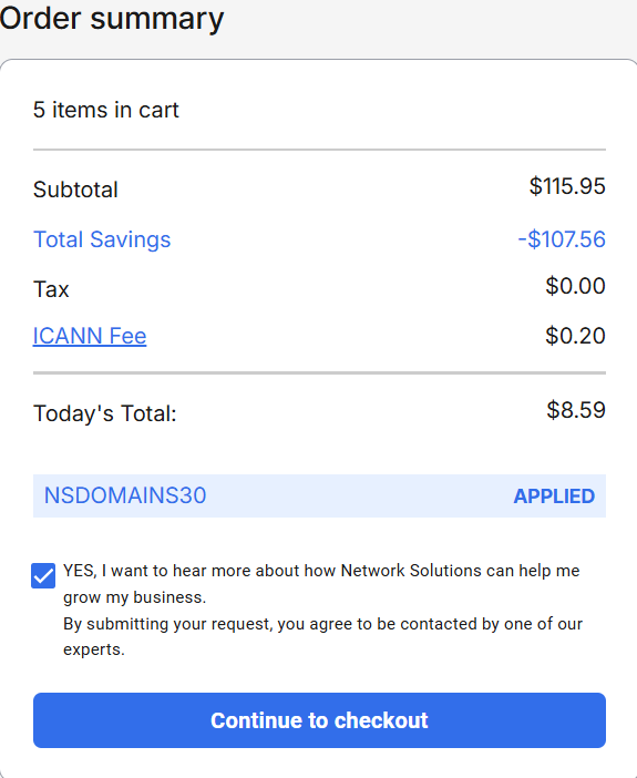 screenshot of applied NSDOMAINS30 Network Solutions coupon code from HostAdvice
