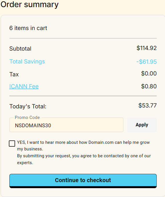 screenshot of entering NSDOMAINS30 coupon code from HostAdvice