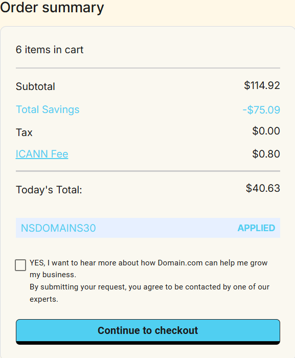 screenshot of applied NSDOMAINS30 coupon code from HostAdvice