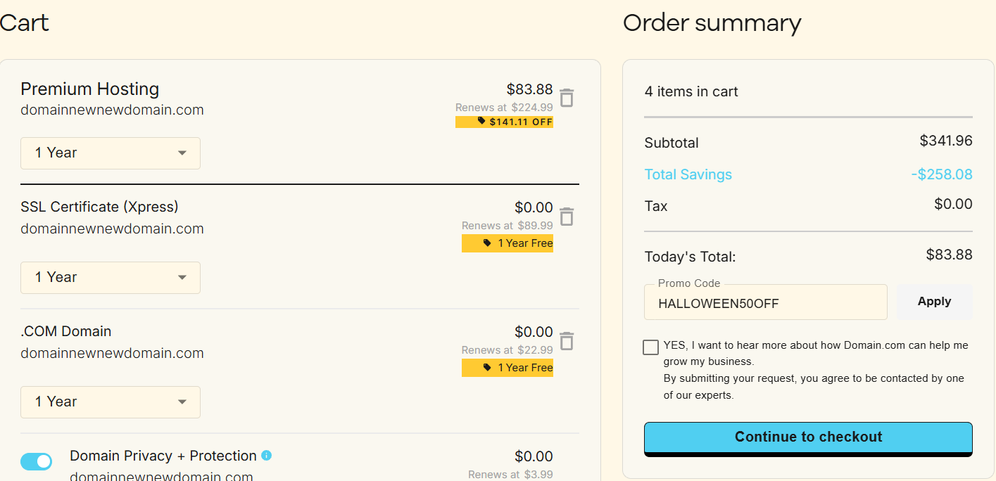 screenshot of entering HALLOWEEN50OFF coupon code from HostAdvice