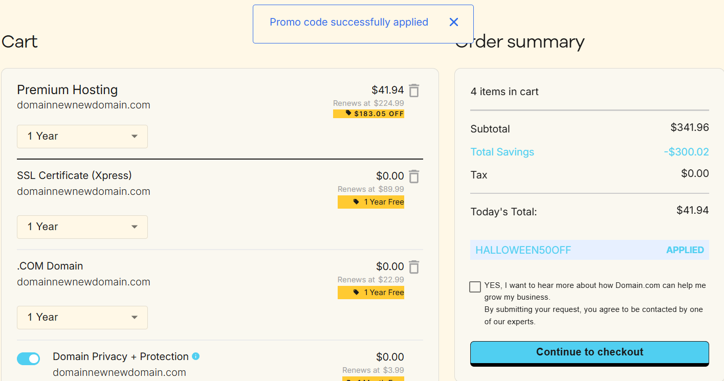 screenshot of applied HALLOWEEN50OFF coupon code from HostAdvice