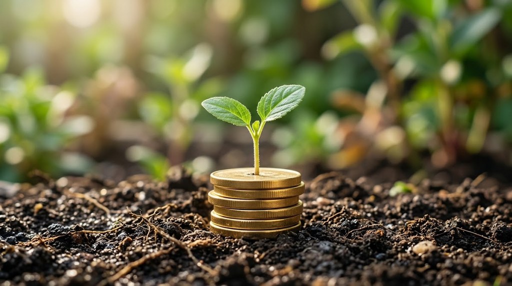 Seedling growing from a stack of gold coins