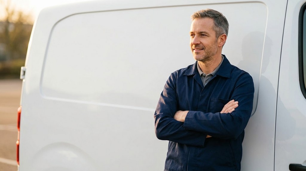 Tradesman standing beside a white service van