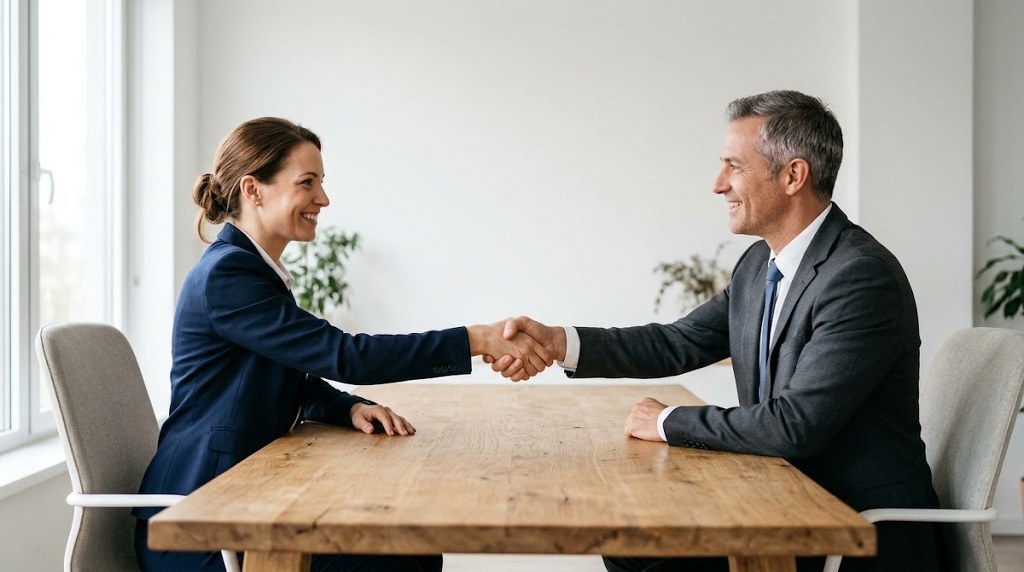 Two business professionals shaking hands across a table