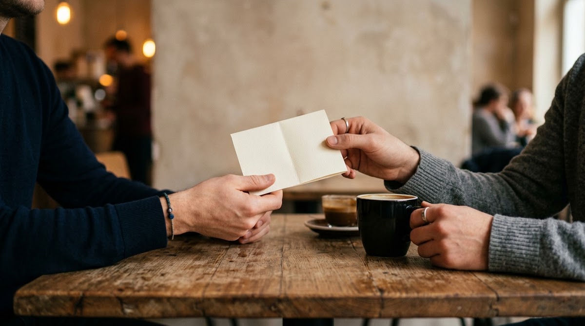 Two people exchanging a blank card across a café table