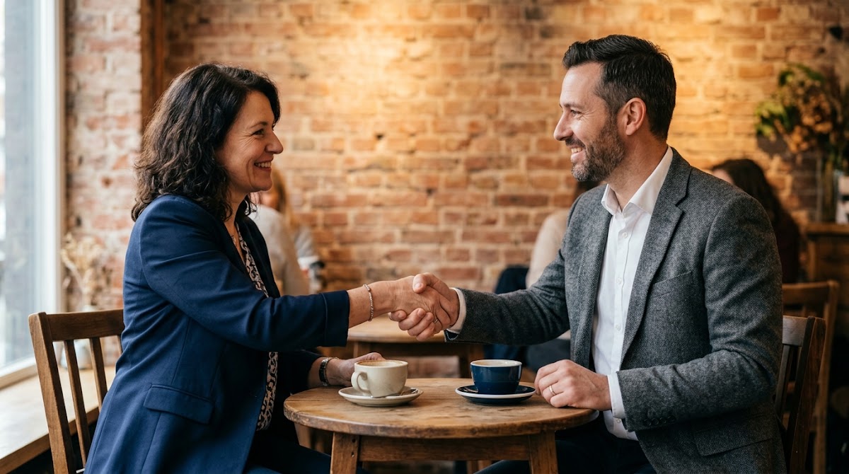 Two professionals shaking hands at a café