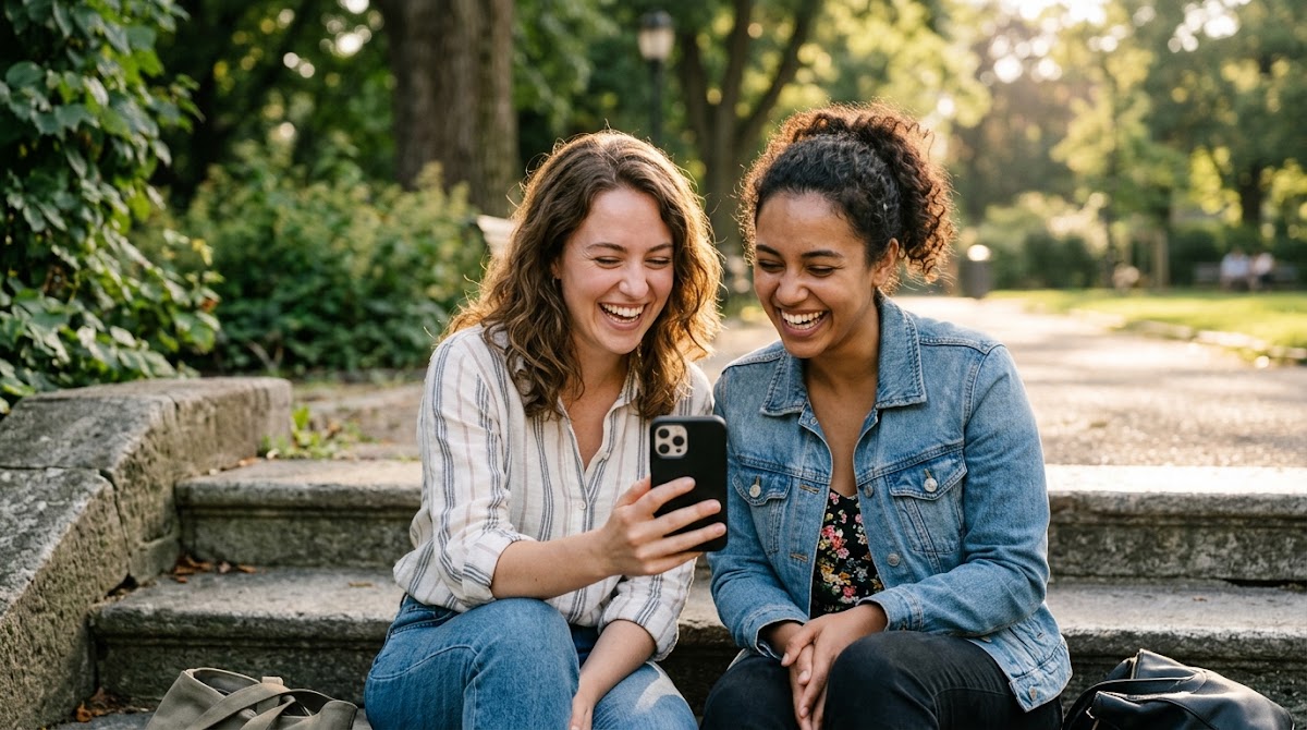 Two women sharing content on a smartphone