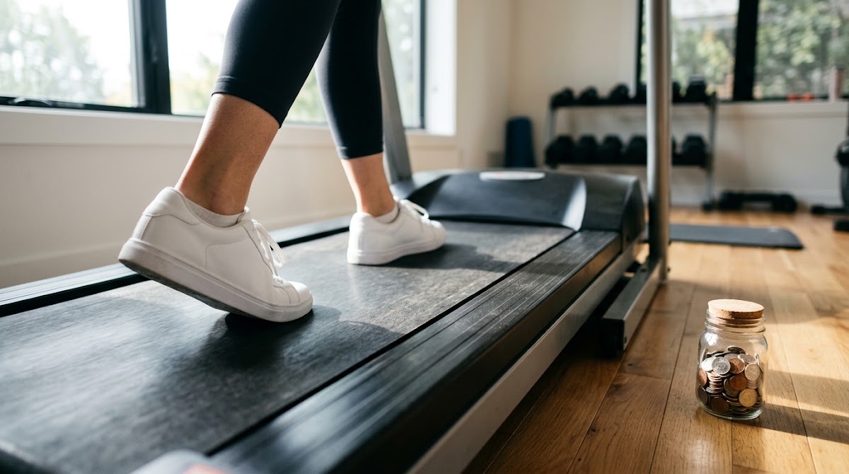 Walking on a treadmill with a coin jar