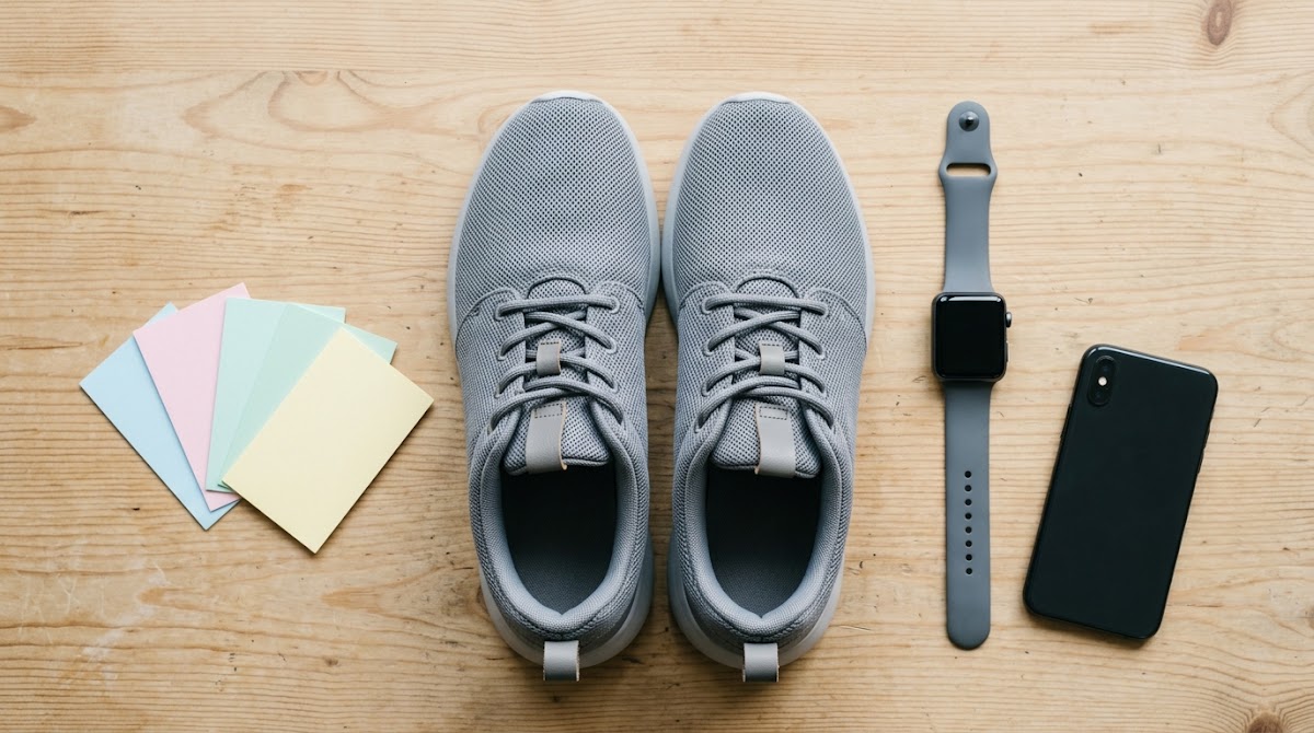 Walking shoes, smartwatch, and smartphone
