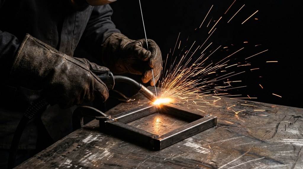 Welder joining metal pieces in a workshop