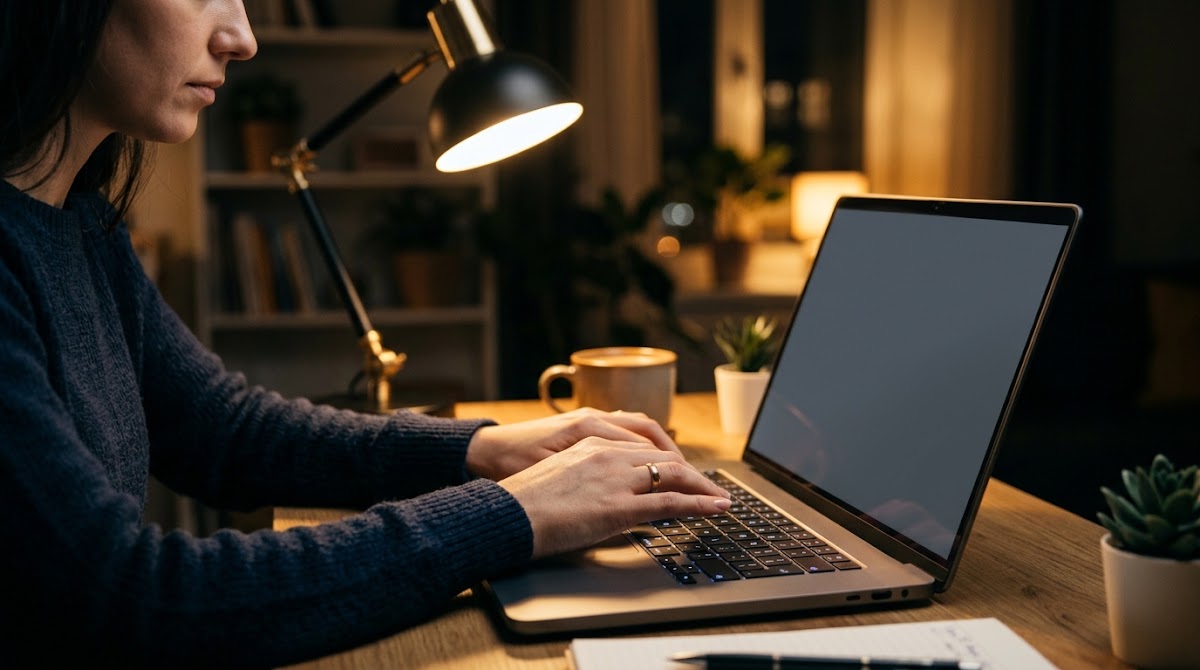 Woman answering questions online on a laptop