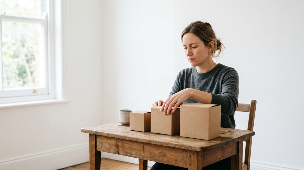 Woman arranging cardboard boxes on a wooden table