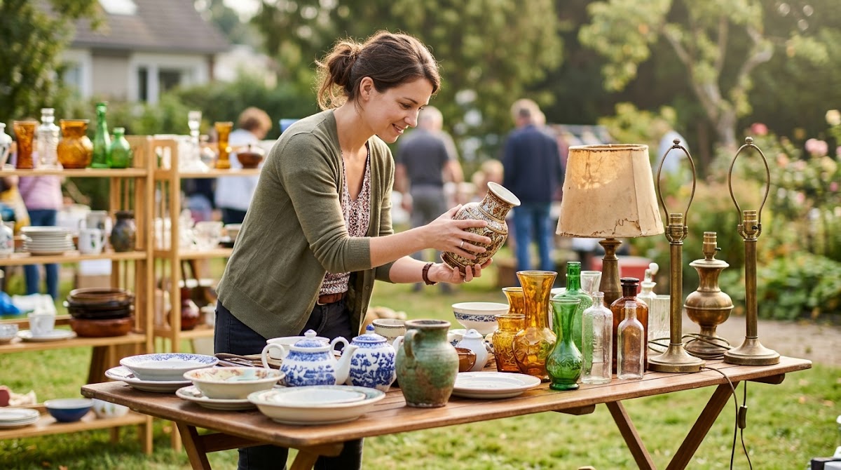 Woman browsing vintage items at a yard sale