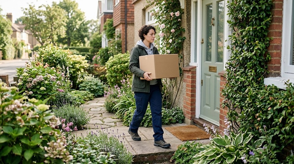 Woman delivering a cardboard package to a residential home