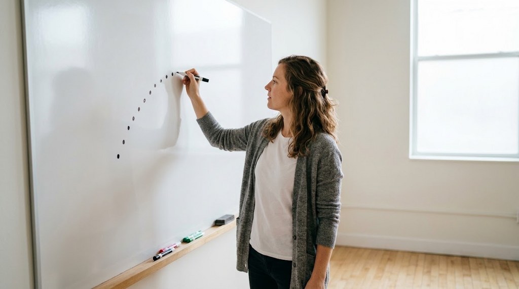 Woman drawing an upward dotted line on a whiteboard