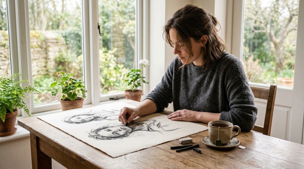Woman drawing charcoal sketches at a wooden table
