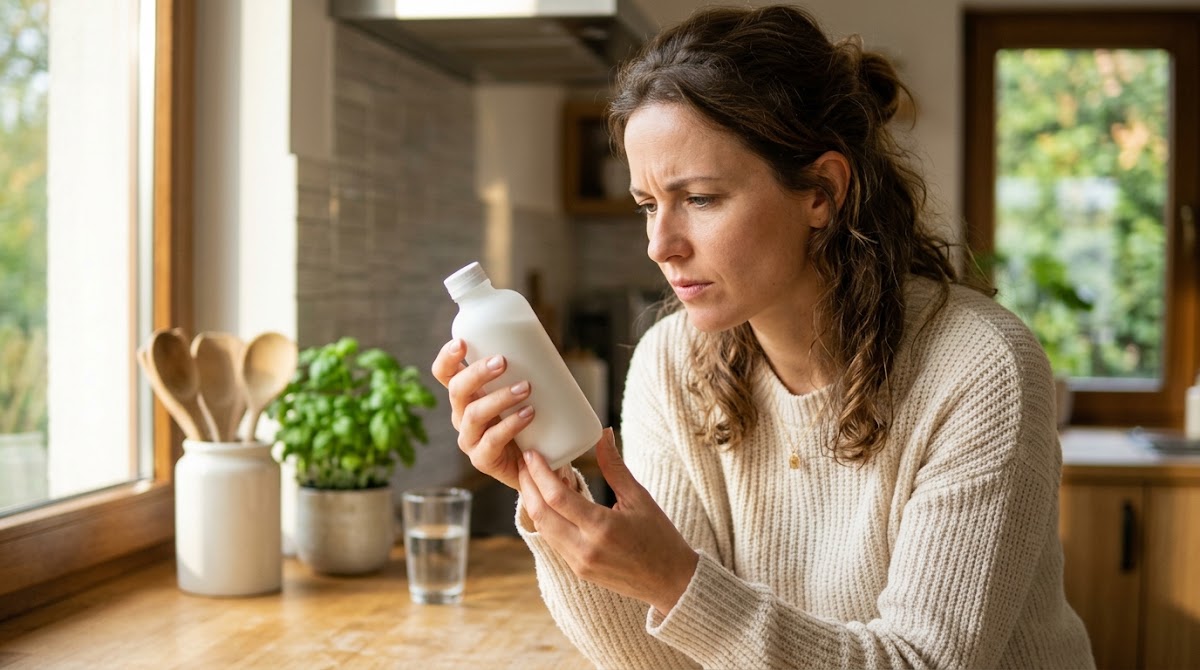 Woman examining a product before reviewing it