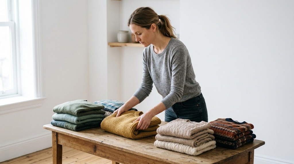 Woman folding and organizing sweaters on a table