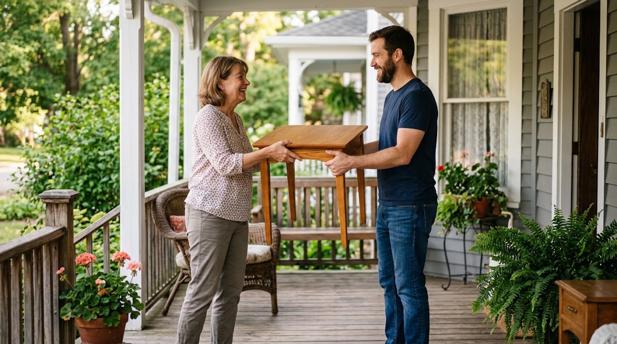 Woman handing a wooden table to a man on a porch