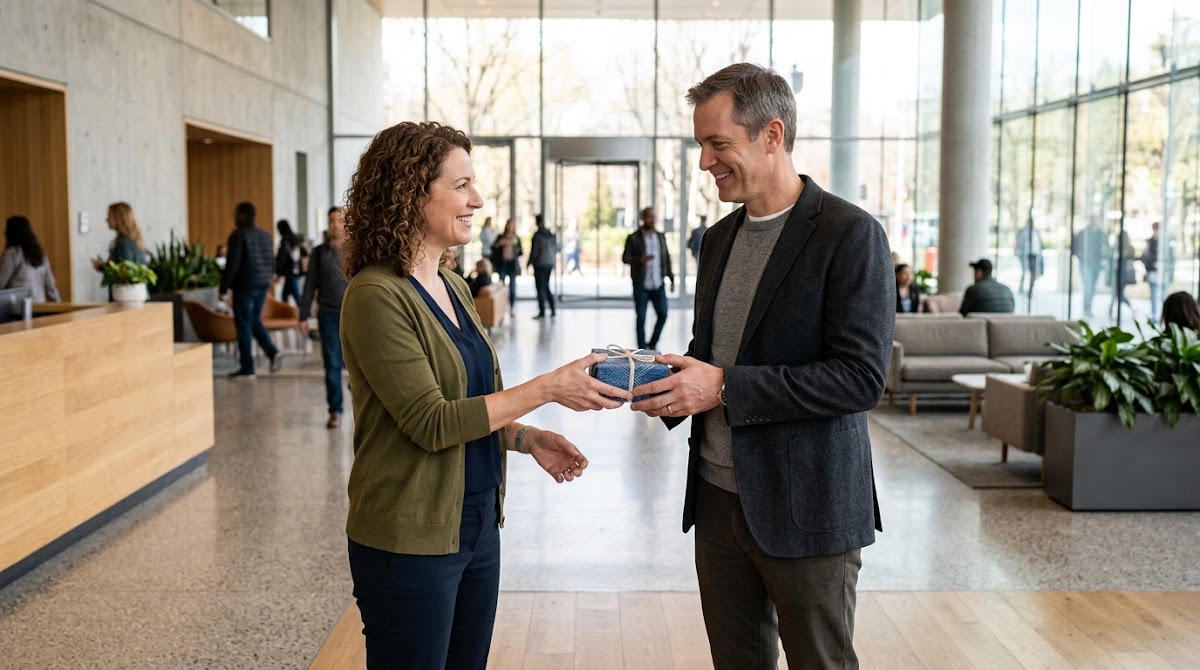Woman handing a wrapped package to a man