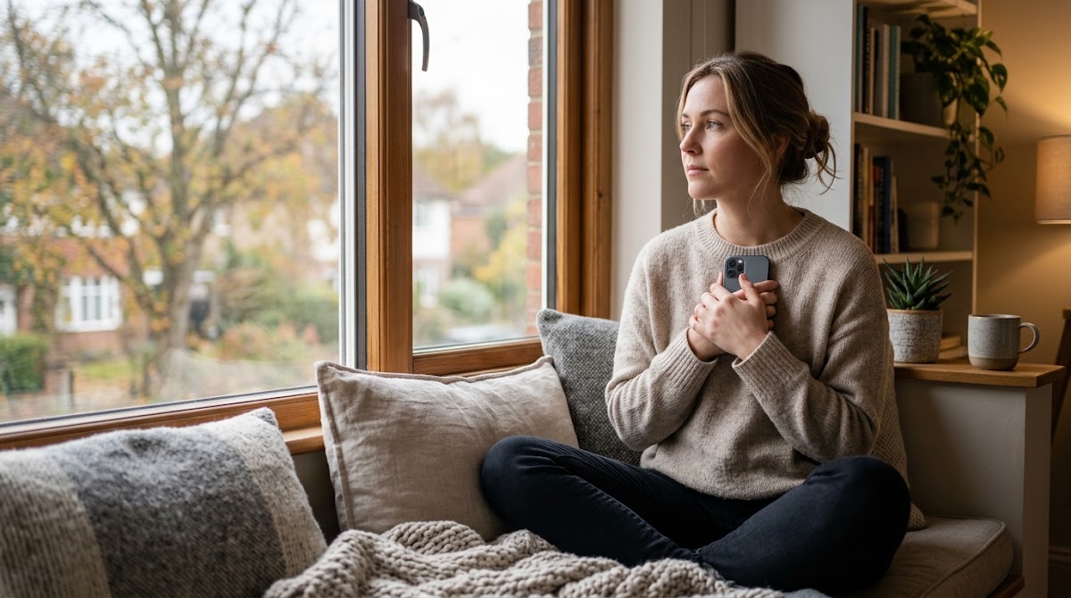 Woman holding a smartphone at home