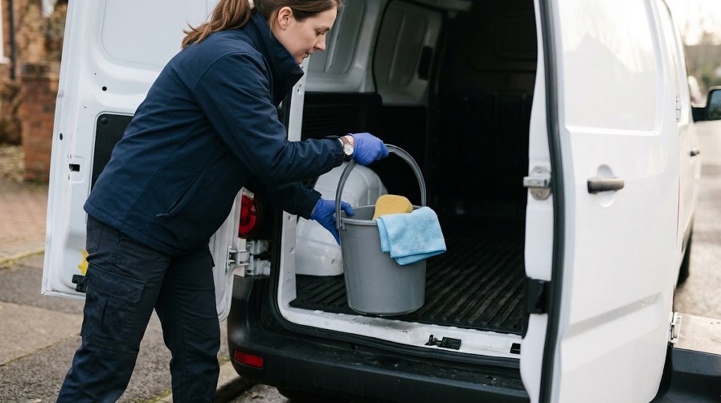 Woman loading cleaning supplies into a white van
