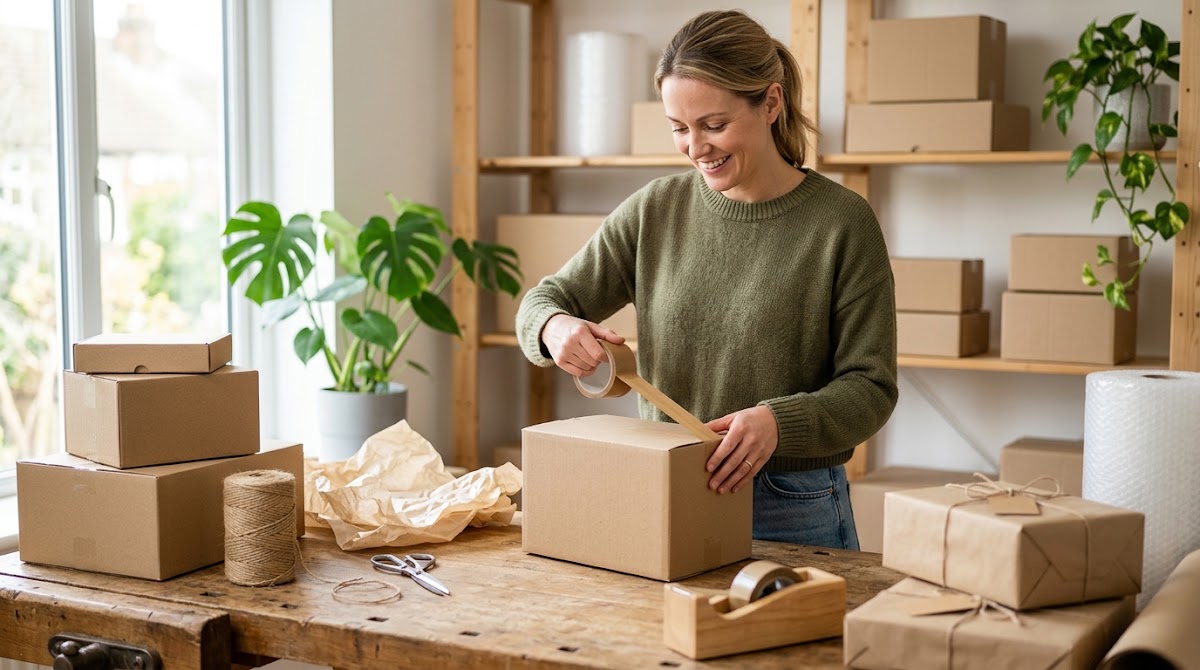 Woman packing cardboard boxes for shipping