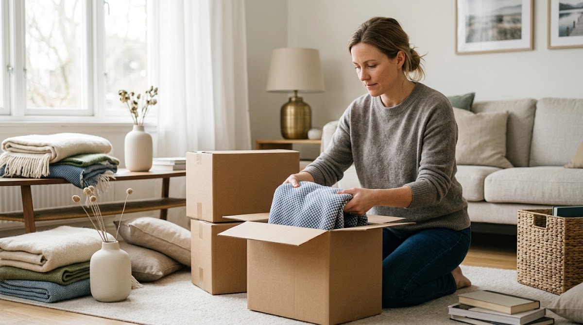 Woman packing household items into moving boxes