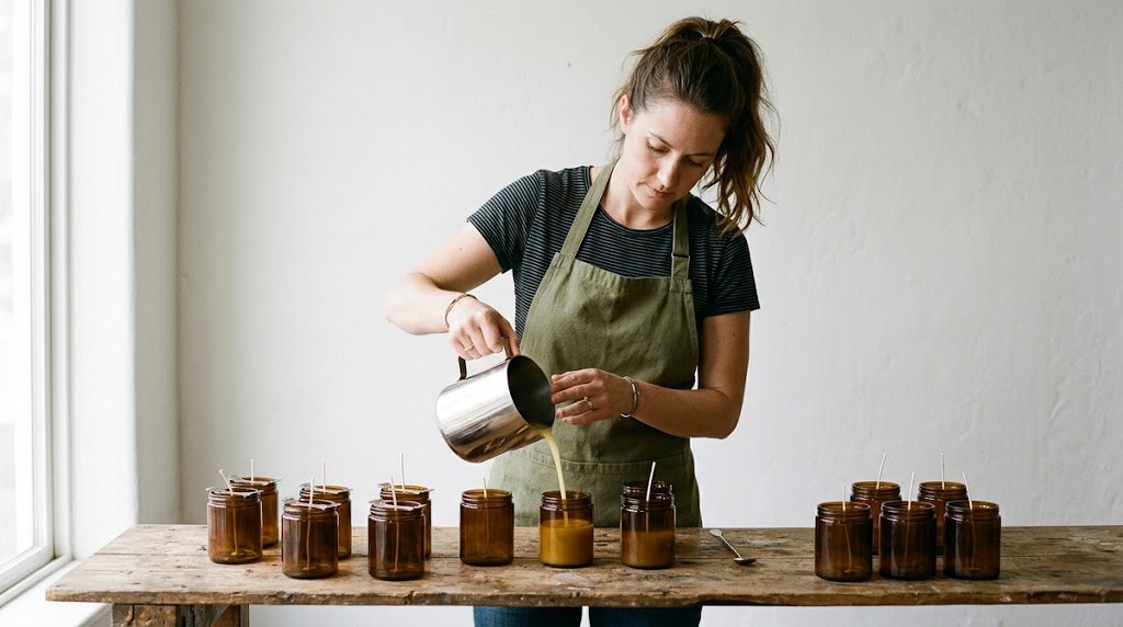 Woman pouring wax into jars to make handmade candles