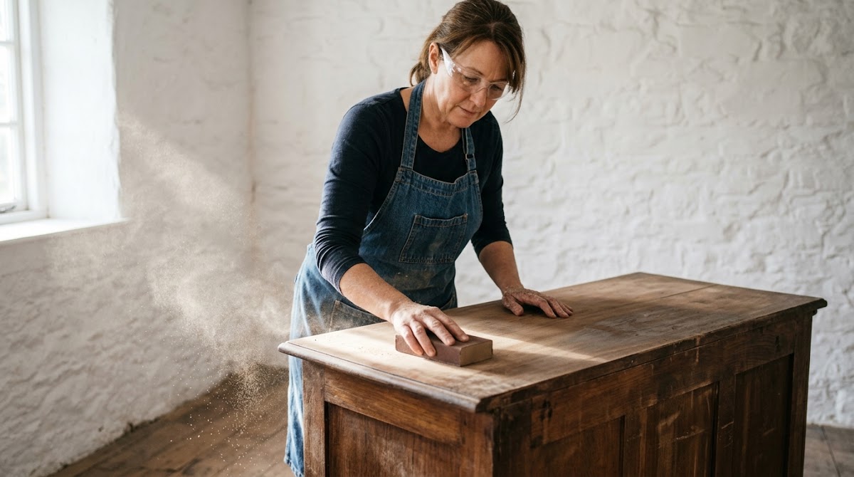 Woman sanding a wooden dresser for restoration